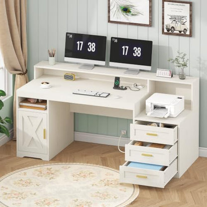 TVU 65" White Computer Desk with Drawers and Printer Stand for Home Office - color: White