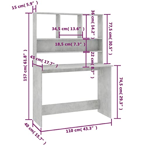 Desk with Shelves, 43.3x17.7x61.8 Inch Engineered Wood Desk, Vertical Storage for Small Spaces, Organize Folders Documents and PC Equipment - color: Concrete Gray