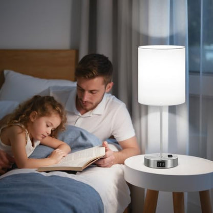 17.6" Silver Touch Lamps for Bedroom Set of 2, Dimmable, USB C+A, AC Outlet | Large 17.6" Tall Lamp, 3-Way Dimming, 5000K Daylight Bulbs, White Lampshade Silver Base, for Living Room, Boys, Men, Girls - color: White - Silver
