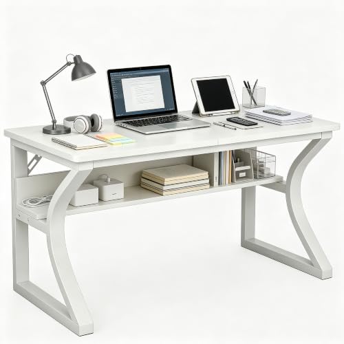 47'' Computer Desk Home Office Desk, Modern Computer Desk w/U Shaped Metal Frame, Storage Shelves, PC Table Study Writing Desk Workstation for Home Office (47inch/White) - size: 47inch/white