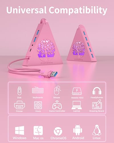 7-Port USB 3.0 Hub, RGB USB Hub with RGB Tree Light and 2ft Cable, USB Hub 3.0 Pink USB Expander for Laptop, PC, Flash Drive, HDD, Console, Printer, Keyboard, Mouse (Pink) - color: 3-Tree Pink