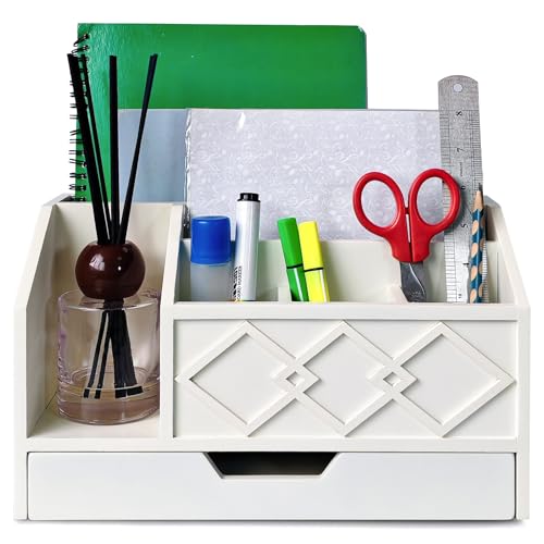 White Wooden Mail Organizer with Drawer, Three Tiered Desk Accessories for Office Organization and Storage, Stylish Countertop Document Storage, Home/Office/Classroom Supplies (White02) - style: White02