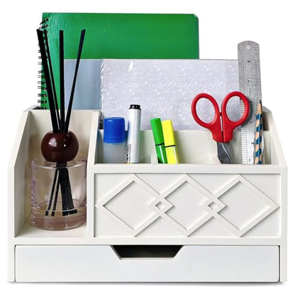 White Wooden Mail Organizer with Drawer, Three Tiered Desk Accessories for Office Organization and Storage, Stylish Countertop Document Storage, Home/Office/Classroom Supplies (White02) - style: White02