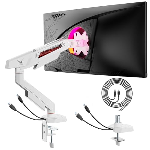 ARES WING 17-40 Inch Heavy Duty Single Monitor Arm with USB, White | Fully Adjustable Monitor Mount for Flat Curved Ultrawide Screens Up to 26.5lbs, C-Clamp & Grommet Base, 75/100 Vesa Mount - color: White, size: Single Monitor Arm