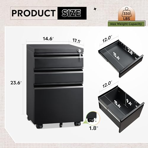 DEVAISE 3 Drawer File Cabinet with Lock, Fully Assembled Except Casters | Metal Filing Cabinet Under Desk for Home Office, Fits Letter/Legal/A4 Size, Black - color: Black, size: 17"D x 15"W x 24"H