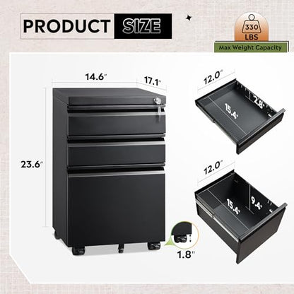DEVAISE 3 Drawer File Cabinet with Lock, Fully Assembled Except Casters | Metal Filing Cabinet Under Desk for Home Office, Fits Letter/Legal/A4 Size, Black - color: Black, size: 17"D x 15"W x 24"H