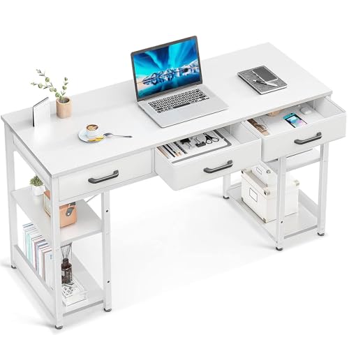 ODK Office Small Computer Desk: Home Table with Fabric Drawers & Storage Shelves, Modern Writing Desk, White, 48"x16" - color: White