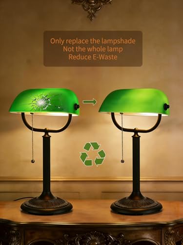 1-Minute Quick-Change Shade Antique Green Glass Bankers Desk Lamp | Study Office Library,LED Bulb Included - color: Green-AG