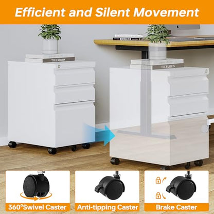 STANI Mobile File Cabinet with Lock Under Desk Metal Filing Legal/Letter File Folders Rolling Cabinet Metal File Cabinets Filing on Wheels with Drawers Assembly Required - color: White, size: 3 Drawers-Assembly Required