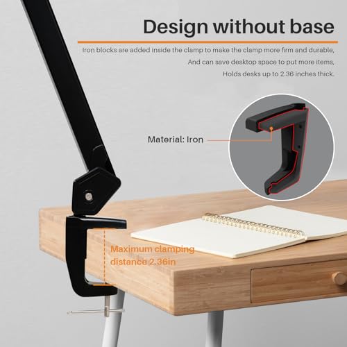 20-Inch LED Desk Lamp with Clamp, 24W 2200LM, Protected Arm, Black | 117 SMD LEDs deliver eye-caring daylight illumination with 4 brightness levels and reinforced dual metal arms - size: BLACK-NonCCT-Protective