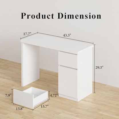 furtble White Desk with Drawers, 43 Inch Small Cute Desk for Bedroom, Home Office PC Desks Workstation Study Table Desks with Storage, White