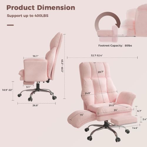 Big and Tall Office Chair, Flip Armrests for Pets & Cross Legged Sitting | Executive Ergonomic Computer Gaming Chair with Foot Rest, Teddy Fleece Wide Seat Reclining Desk Chair, Pink - color: Pink