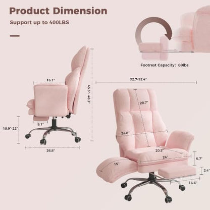 Big and Tall Office Chair, Flip Armrests for Pets & Cross Legged Sitting | Executive Ergonomic Computer Gaming Chair with Foot Rest, Teddy Fleece Wide Seat Reclining Desk Chair, Pink - color: Pink