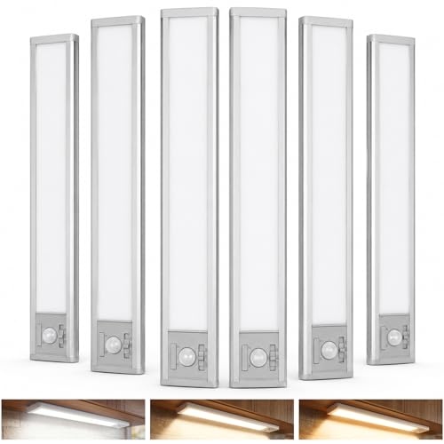 6Pack Aluminum Under Cabinet Lighting, 10inch Rechargeable Ultra-Thin Magnetic Motion Sensor Closet Lights, 3 Colors & Dimmable, USB-C Wireless Under Counter Lights for Kitchen, Pantry, Wardrobe - size: 10 inch