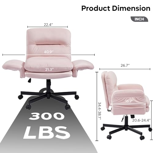 Bestier Velvet Vanity Chair with Flip-Up Arms, Swivel Makeup Chair Pink | Comfy Cross-Legged Computer Chair with Wheels 2 Side Pockets for Home Office Gaming, Bedroom - color: Pink Velvet, size: Low Back