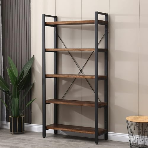 5 Tier Bookcase, Solid Wood Bookshelf Rustic Vintage Industrial Etagere Bookcase, Metal and Wood Free Vintage Bookshelf, Retro Brown (5-Tiers) - size: 5-Tiers-Solid Wood