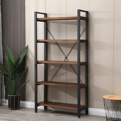 5 Tier Bookcase, Solid Wood Bookshelf Rustic Vintage Industrial Etagere Bookcase, Metal and Wood Free Vintage Bookshelf, Retro Brown (5-Tiers) - size: 5-Tiers-Solid Wood