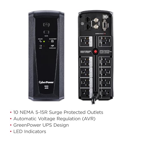 CyberPower CP900AVR AVR UPS Battery Backup and Surge Protector | 900VA 560W UPS with 8 outlets and AVR technology for workstations, networks and home entertainment - style: CP900AVR