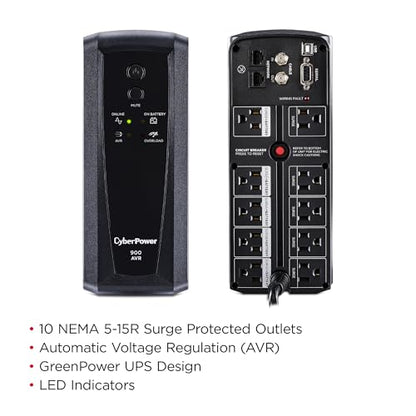 CyberPower CP900AVR AVR UPS Battery Backup and Surge Protector | 900VA 560W UPS with 8 outlets and AVR technology for workstations, networks and home entertainment - style: CP900AVR