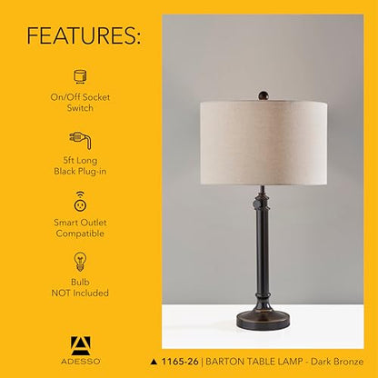 Adesso Table Lamp, Antique Bronze & Oatmeal, Adjustable Height, 34.5” - color: Antique Bronze, size: Table Lamp