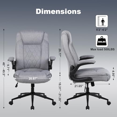ralex-chair Big and Tall Office Chair -500 lb Office Chair for Big Man, Fabric High Back Office Desk Chair with 120° Tilt Rock,Computer Desk Chair with flip up arm - Light Gray - color: Light Gray, size: set of 1