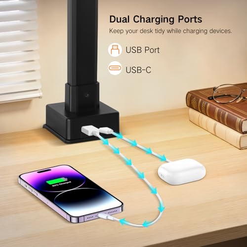 OUTON 29.5" LED Desk Lamp with Clamp for Home Office, 24W Eye-Caring Architect Desk Lamp for Dual Monitors, USB-C & USB-A Ports, Remote & Touch Control, 5 Color Temperatures, Stepless Dimming