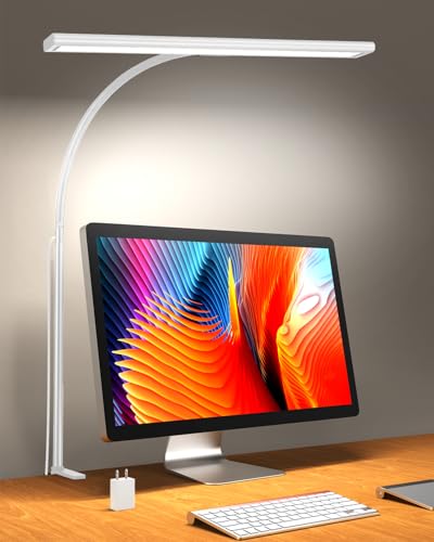 iFalarila Clamp Desk Lamp with Adjustable Brightness, Eye-Caring LED, Rotatable Head, USB Powered, Space-Saving Design for Office, Reading, Work, and Home Desktop Lighting - White - color: White, size: Lamp with Adapter