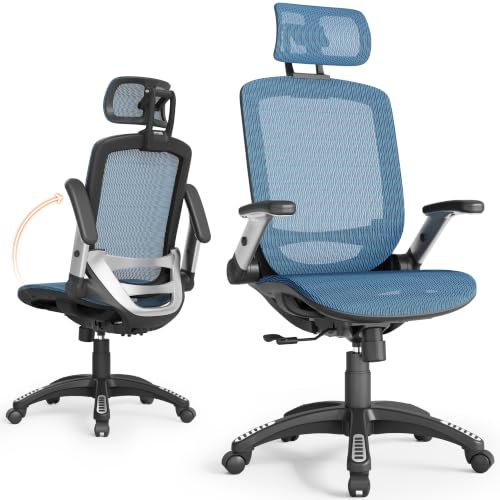GABRYLLY Ergonomic Office Chair, High Back Home Desk Chair with 2D Flip-Up Arms, 3D Headrest, 90-120° Tilt and Wide Cushion, Big and Tall Mesh Chairs for Man Woman, Blue Computer Task Chair - color: Navy Blue