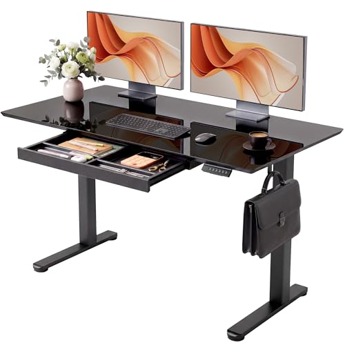 YDN Glass Standing Desk with Drawers 55x24 Inch Black - color: Black, size: 55 Inch