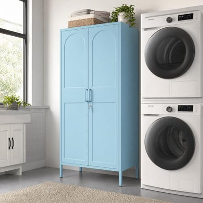 Lockable Metal Wardrobe Closet with Hanging Rod and 3 Adjustable Shelves,67" Metal Storage Cabinet with 2 Doors,Steel Armoire Wardrobe Closet for Bedroom Living Room Cloak Room (Blue) - color: Blue, style: 67"H-Wardrobe-DY