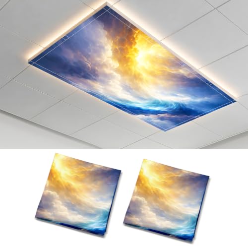 2 Pack Golden Nebula Sky Decorative Ceiling Light Covers, Magnetic 4x2 Ft Fluorescent or LED Panel Filter, Anti-Glare Eye Protection for Classroom Office - color: Sky