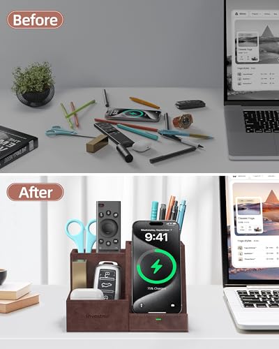 Wireless Charger with Desk Organizer, 3 Compartments and 1 Phone Stand - color: Dark Brown