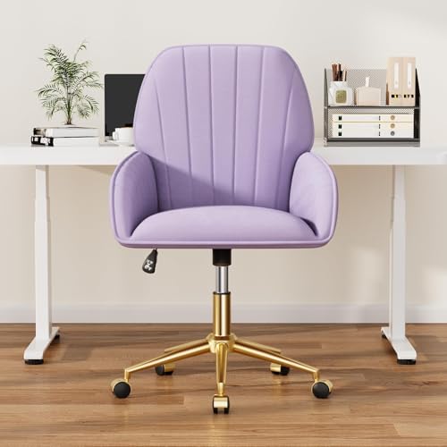 Home Office Desk Chair Comfy with Adjustable Swivel Wheels, Modern Velvet Makeup Vanity Chair with Back & Pillow, Ergonomic Office Chair Computer Task Chair for Living Room, Bedroom, Purple - color: Purple