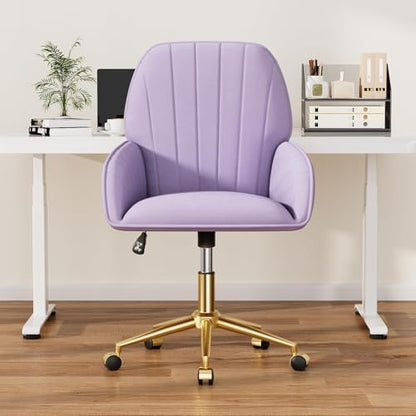Home Office Desk Chair Comfy with Adjustable Swivel Wheels, Modern Velvet Makeup Vanity Chair with Back & Pillow, Ergonomic Office Chair Computer Task Chair for Living Room, Bedroom, Purple - color: Purple