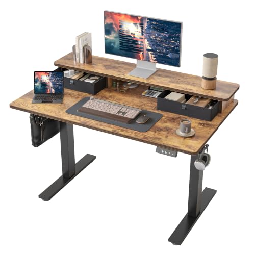 TIQLAB 40 * 24 inch Standing Desk with Two Drawers&Top Shelf, Rustic Brown | Smooth Height Adjustment, 2 Memory Presets, One-Touch Control, Stable Steel Frame, 176 lbs Capacity, Easy Assembly - color: Rustic Brown, size: 40*24 inch without keyboard tray