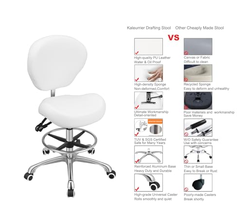 Kaleurrier Adjustable Stools Drafting Chair: with Back Support & Foot Rest | Ergonomic Design Solves Physical Discomfort and Safety Hazards Issues - Heavy Duty 400 lb Weight Capacity - for Professionals - color: White