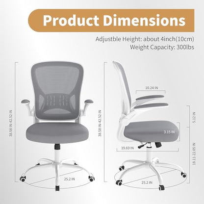 Youhauchair Adjustable Mesh Ergonomic Office Chair Set of 1, Grey | Flip-up Arms, Lumbar Support, Height Adjustable, Swivel, Breathable, Rocking, Mid Back Compurter Chair with Wheels - color: Grey, size: Set of 1
