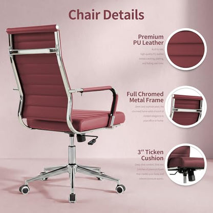 Red Office Desk Chair, Ergonomic Leather Modern Conference Room Chairs, Executive Ribbed Height Adjustable Swivel Rolling Chair for Home Office. (Red) - color: Red