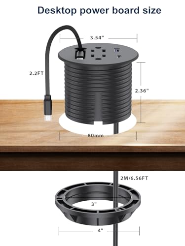 3'' Desk Power Grommet Built-in Retractable USB C Cables 20W USB-C/A