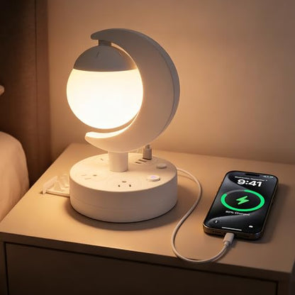 Table Lamp with USB Charging Port & AC Outlet, 3-Color Dimmable LED Desk Lamp, Eye-Caring Bedside Nightstand Light for Bedroom, Home Office & Living Room