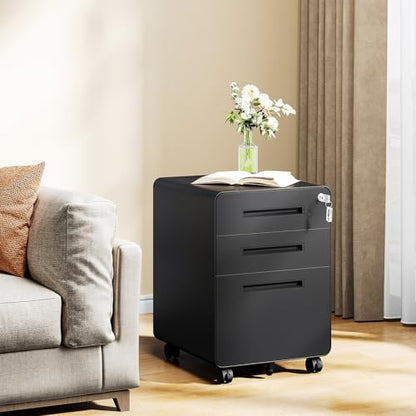 MIIIKO Mobile Filing Cabinet 3 Drawer, Rolling Small File Cabinet with Keys Under Desk, Modern Black Filing Cabinets for Home Office with Anti-tilt Wheels, A4/Letter/Legal Hanging File Drawers - color: Black, size: 3Drawer-23"H