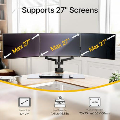 monTEK Triple Monitor Mount for 13"-27" Screens, Max 19.8 lbs Each Arm | Heavy Duty Aluminum Full Motion 3 Monitor Desk Stand, Height Adjustable Swivel Tilt Bracket, Clamp & Grommet Mounting
