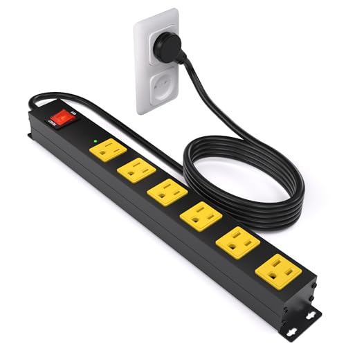 Heavy Duty 6 Outlet Metal Long Power Strip, 2700J Surge Protector with 15A Circuit Breaker, 15FT Extension Cord, Wall Mount for Garage, Workshop & Industrial Use, Wide Spaced (15ft) - size: 15ft
