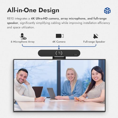 RB10 Kit 4K AI Tracking USB Video Conference Camera, All-in-One Soundbar with Built-in Mic & Speaker, 120° Wide Angle, 6m Pickup, Plug-and-Play for Small/Medium Meeting Rooms