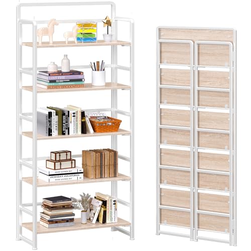 4NM No Assembly 5 Tiers Folding Bookshelf Storage Shelves Vintage Bookcase Standing Racks Study Organizer Home Office (Natural White) - color: Natural White, size: Standard 5 Tiers