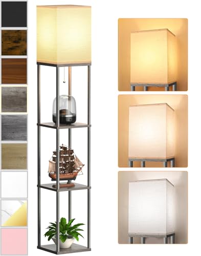 Floor Lamp with Shelves for Living Room Oak Gray, Shelf Floor Lamp with 3 CCT LED Bulb, Corner Display Standing Column Lamp Etagere Organizer Tower Nightstand with White Linen Shade for Bedroom Office - color: Oak Gray
