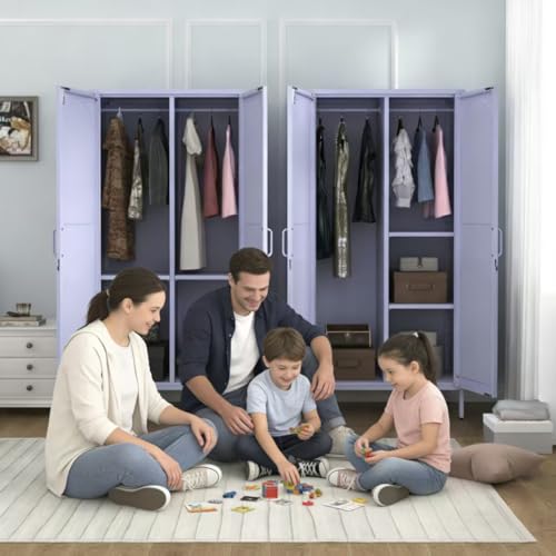 Metal Wardrobe with Lock, 67"Clothing Steel Storage Cabinet Locker, Hanging Rod And Adjustable Shelves, Puple 2 Doors Household kids wardrobe closet Lockers for Bedroom Cloak Room Home Office Gym - color: Purple, style: 67"H-Wardrobe-DY
