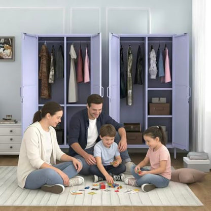 Metal Wardrobe with Lock, 67"Clothing Steel Storage Cabinet Locker, Hanging Rod And Adjustable Shelves, Puple 2 Doors Household kids wardrobe closet Lockers for Bedroom Cloak Room Home Office Gym - color: Purple, style: 67"H-Wardrobe-DY