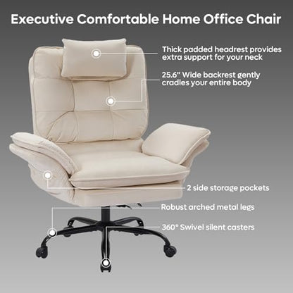 Bestier Swivel Executive Chair with Wheels and Headrest, Velvet Beige | 135° Reclining office chair with Flip-Up Armrests and Side Pockets, Wide and Tall Computer Gaming Chair for Home Makeup - color: Beige Velvet, size: High Back