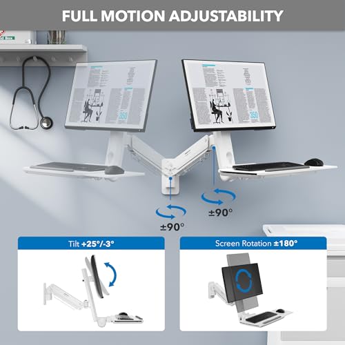 Mount-It! MedHub Wall-Mounted Medical Workstation | Height-adjustable monitor & keyboard arm with folding tray and sliding mouse pad for clinics, exam rooms & dental.